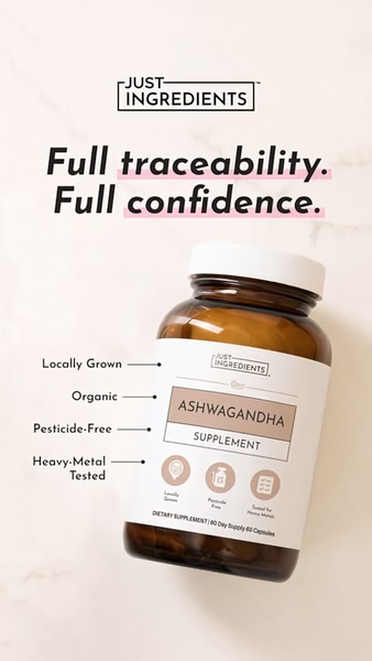 A clean, minimalist product-focused ad that highlights four key certification pillars through simple, clear line-drawn iconography and bold typography.